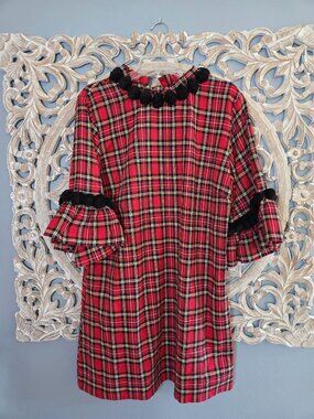 Elizabeth Wilson Tartan Plaid Red Black Mini Dress Bell Sleeves XXL